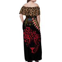 Malawi Off Shoulder Maxi Dress Coat of Arms & Leopard Print - Unique Motif Fusion