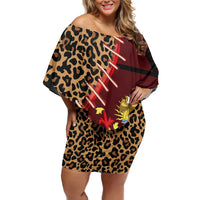 Malawi Off Shoulder Short Dress Coat of Arms & Leopard Print - Unique Motif Fusion