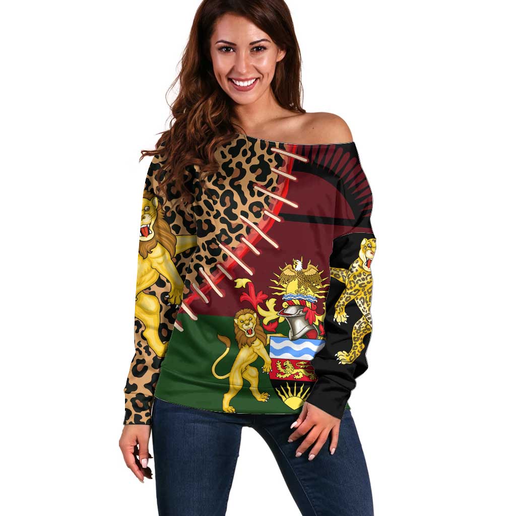 Malawi Off Shoulder Sweater Coat of Arms & Leopard Print - Unique Motif Fusion