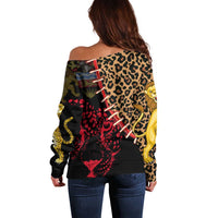 Malawi Off Shoulder Sweater Coat of Arms & Leopard Print - Unique Motif Fusion