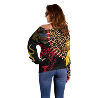 Malawi Off Shoulder Sweater Coat of Arms & Leopard Print - Unique Motif Fusion