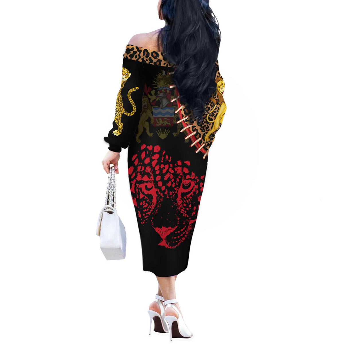 Malawi Off The Shoulder Long Sleeve Dress Coat of Arms & Leopard Print - Unique Motif Fusion