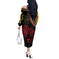 Malawi Off The Shoulder Long Sleeve Dress Coat of Arms & Leopard Print - Unique Motif Fusion