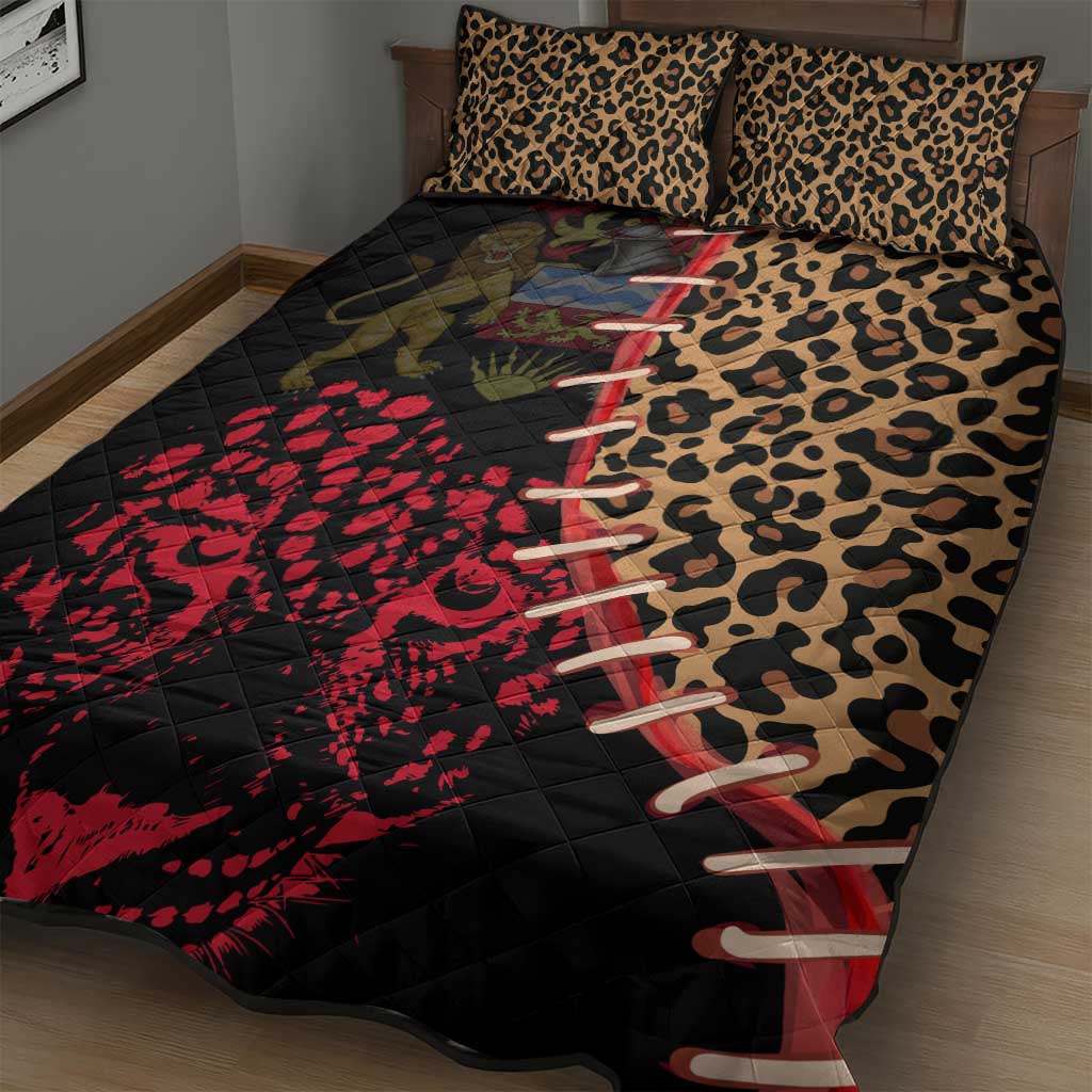 Malawi Quilt Bed Set Coat of Arms & Leopard Print - Unique Motif Fusion