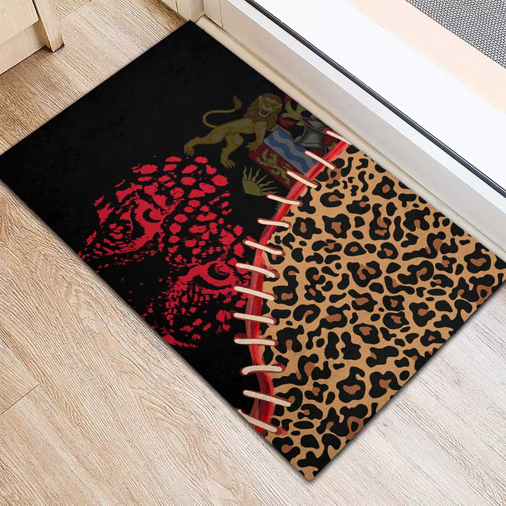 Malawi Rubber Doormat Coat of Arms & Leopard Print - Unique Motif Fusion