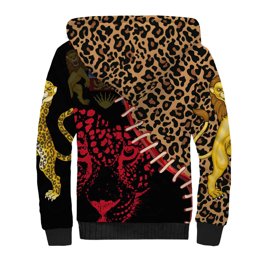 Malawi Sherpa Hoodie Coat of Arms & Leopard Print - Unique Motif Fusion
