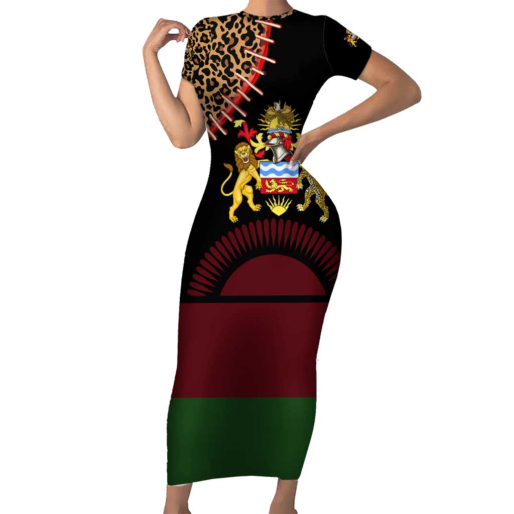 Malawi Short Sleeve Bodycon Dress Coat of Arms & Leopard Print - Unique Motif Fusion