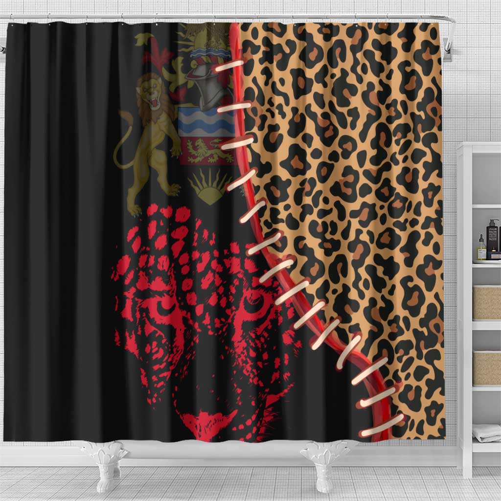 Malawi Shower Curtain Coat of Arms & Leopard Print - Unique Motif Fusion