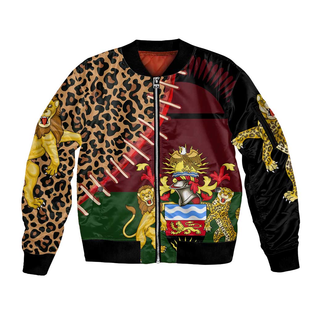 Malawi Sleeve Zip Bomber Jacket Coat of Arms & Leopard Print - Unique Motif Fusion