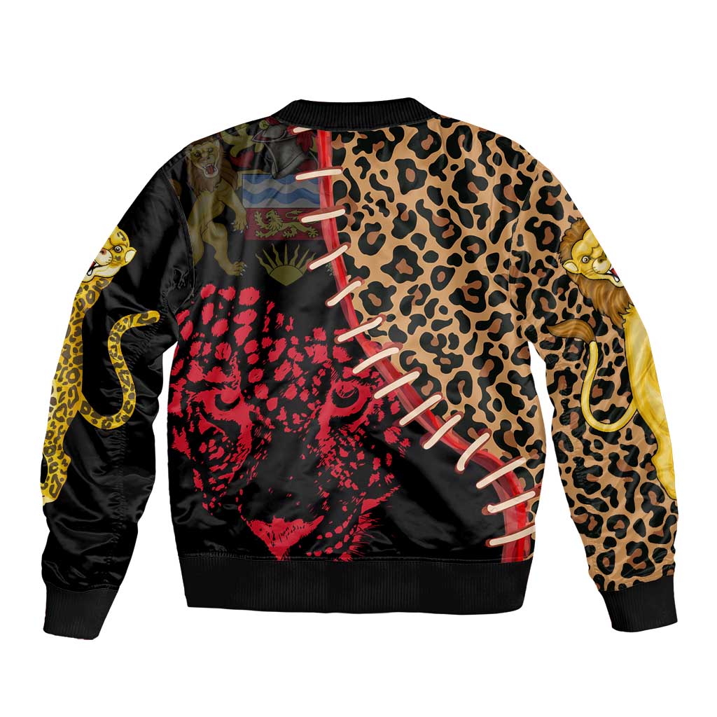 Malawi Sleeve Zip Bomber Jacket Coat of Arms & Leopard Print - Unique Motif Fusion