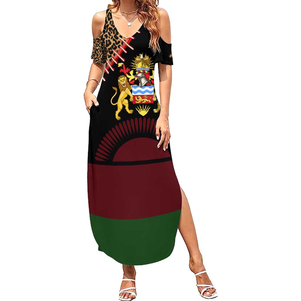 Malawi Summer Maxi Dress Coat of Arms & Leopard Print - Unique Motif Fusion