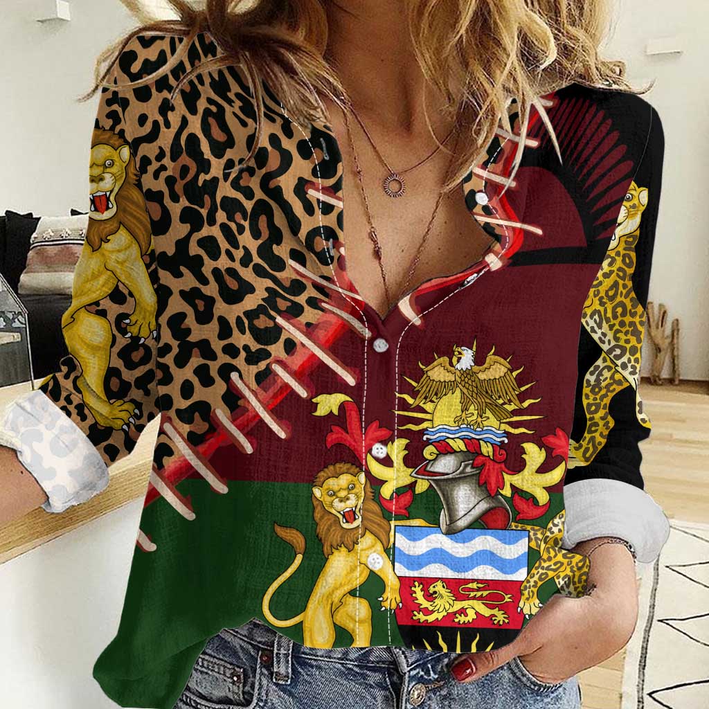 Malawi Women Casual Shirt Coat of Arms & Leopard Print - Unique Motif Fusion