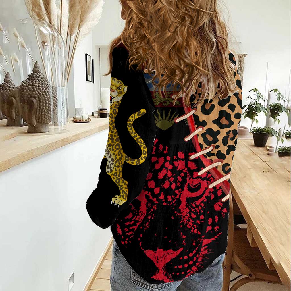 Malawi Women Casual Shirt Coat of Arms & Leopard Print - Unique Motif Fusion