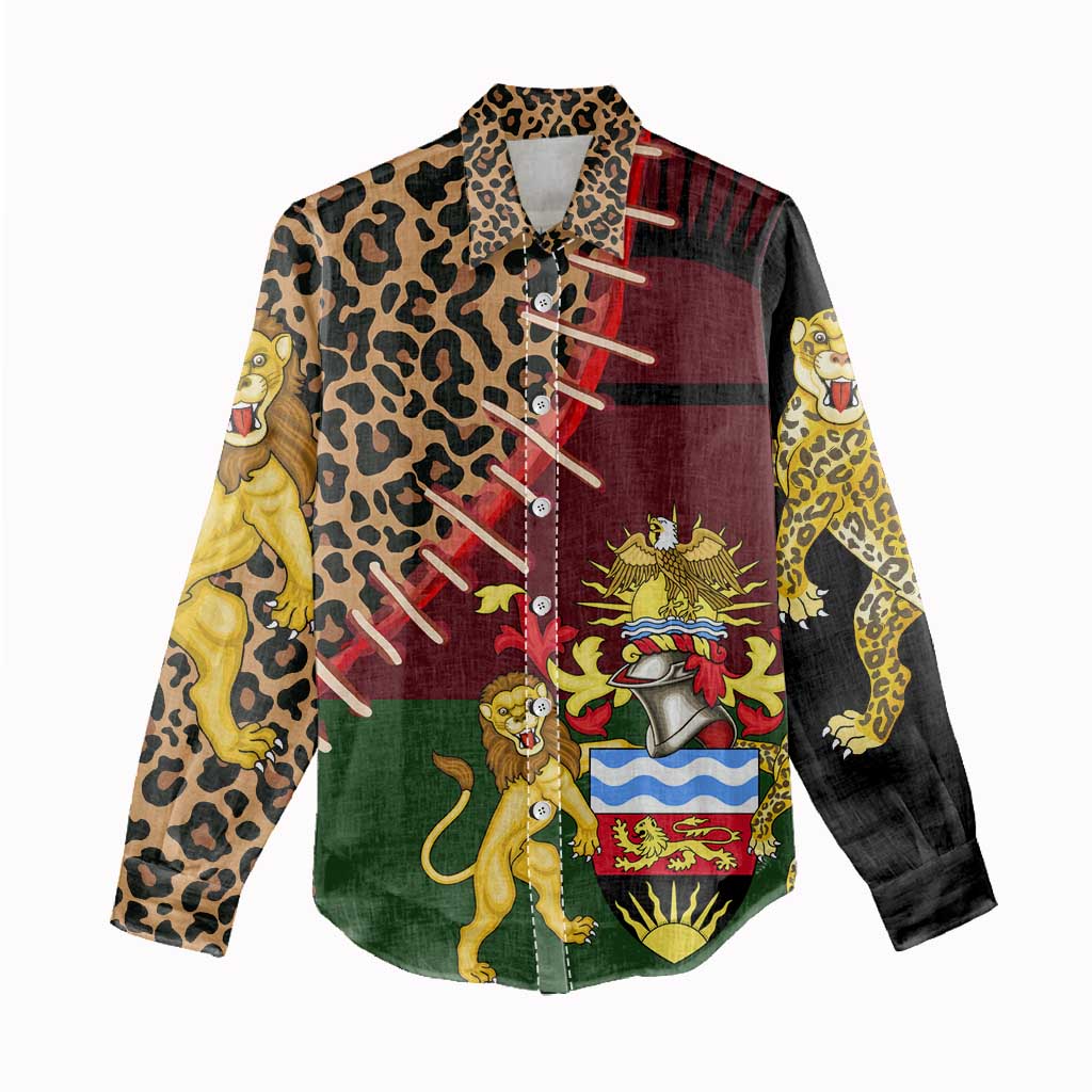 Malawi Women Casual Shirt Coat of Arms & Leopard Print - Unique Motif Fusion