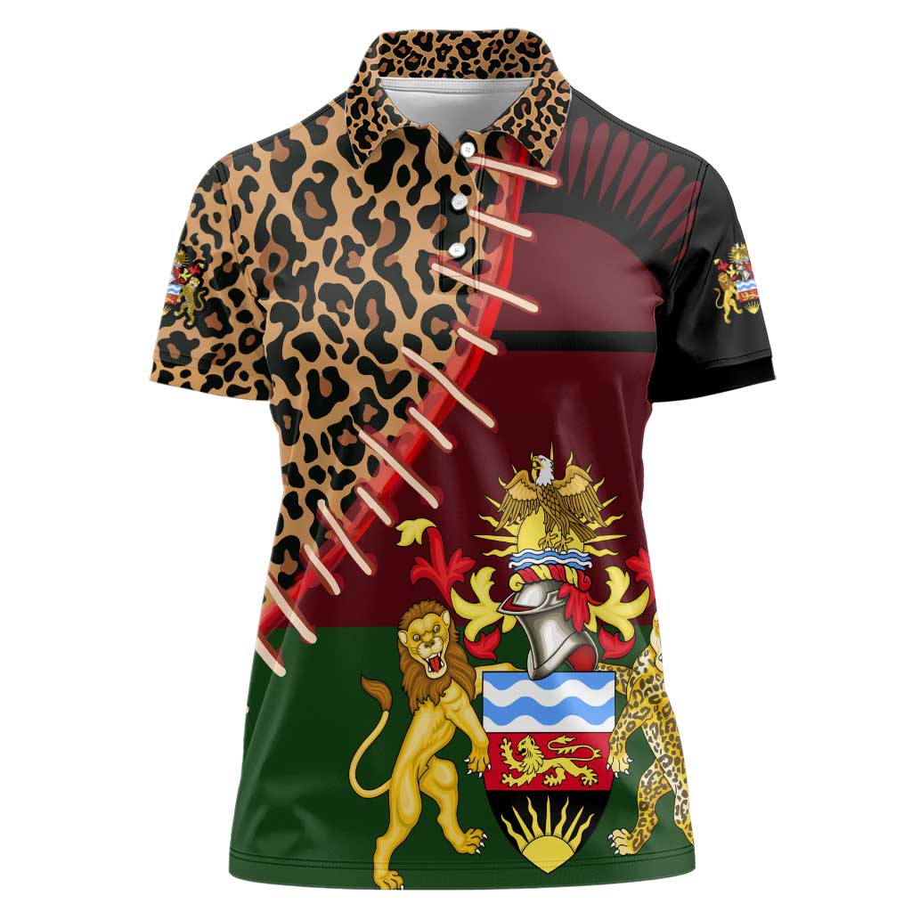 Malawi Women Polo Shirt Coat of Arms & Leopard Print - Unique Motif Fusion