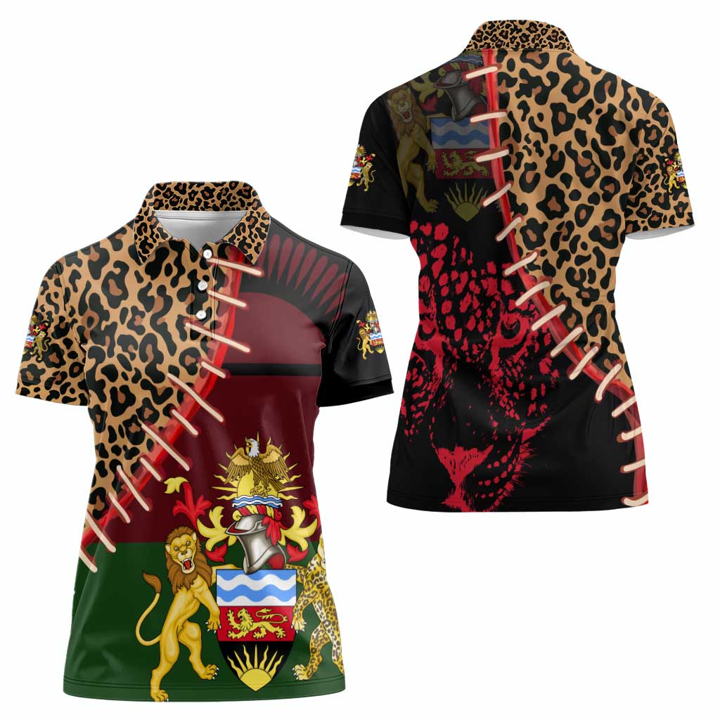 Malawi Women Polo Shirt Coat of Arms & Leopard Print - Unique Motif Fusion