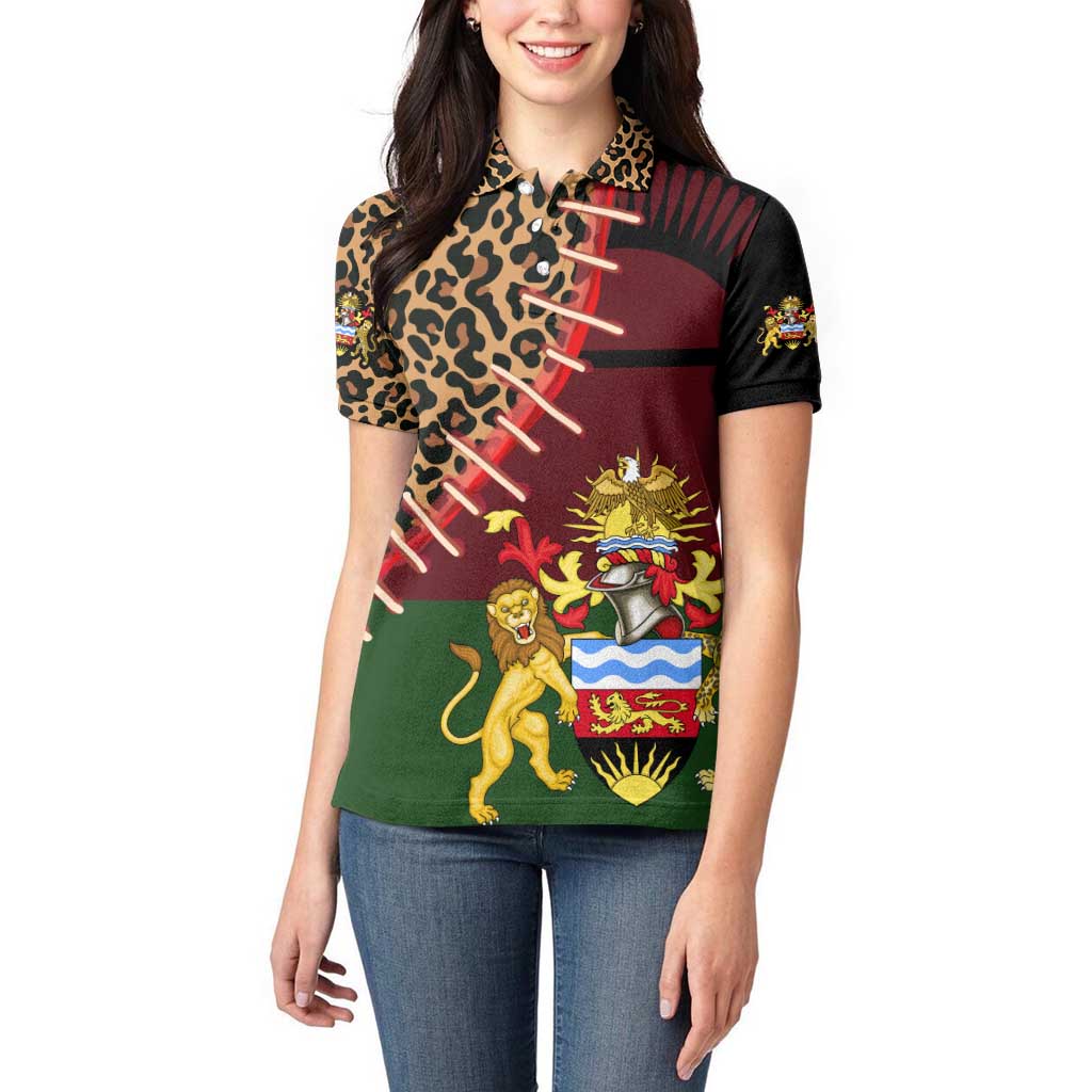 Malawi Women Polo Shirt Coat of Arms & Leopard Print - Unique Motif Fusion