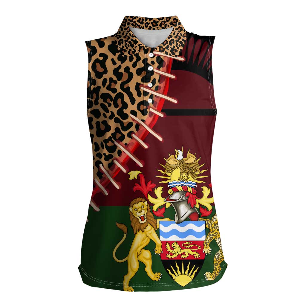 Malawi Women Sleeveless Polo Shirt Coat of Arms & Leopard Print - Unique Motif Fusion