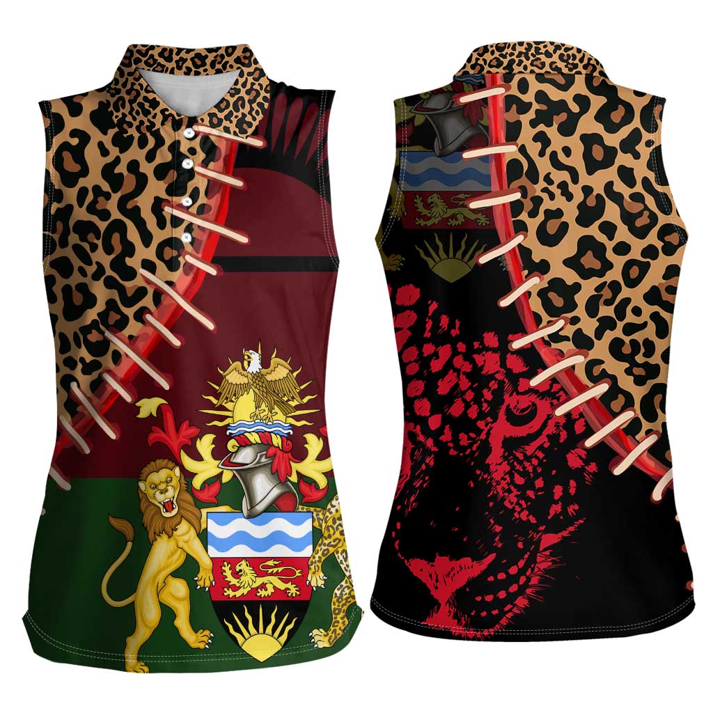 Malawi Women Sleeveless Polo Shirt Coat of Arms & Leopard Print - Unique Motif Fusion