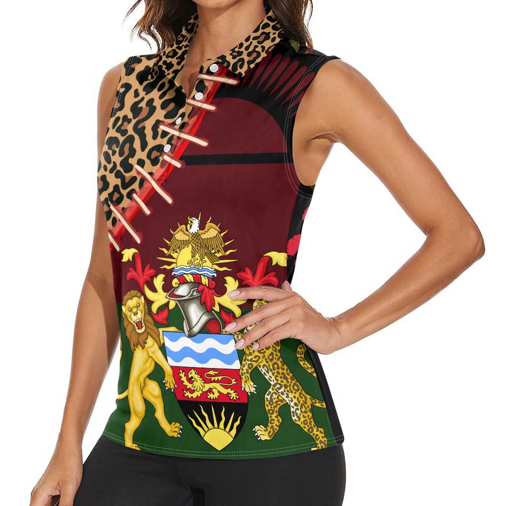 Malawi Women Sleeveless Polo Shirt Coat of Arms & Leopard Print - Unique Motif Fusion