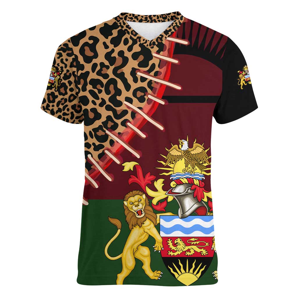 Malawi Women V-Neck T-Shirt Coat of Arms & Leopard Print - Unique Motif Fusion