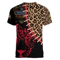 Malawi Women V-Neck T-Shirt Coat of Arms & Leopard Print - Unique Motif Fusion