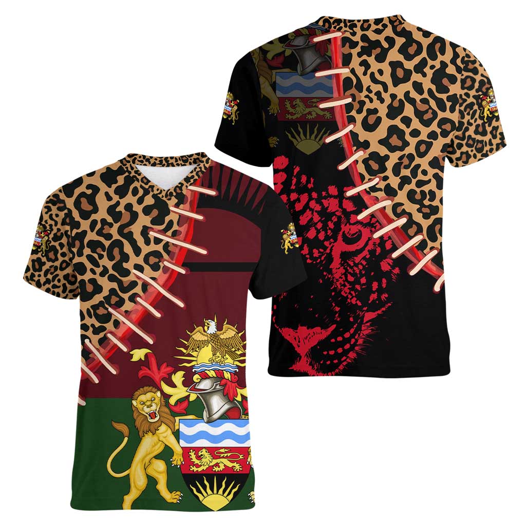 Malawi Women V-Neck T-Shirt Coat of Arms & Leopard Print - Unique Motif Fusion