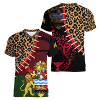 Malawi Women V-Neck T-Shirt Coat of Arms & Leopard Print - Unique Motif Fusion