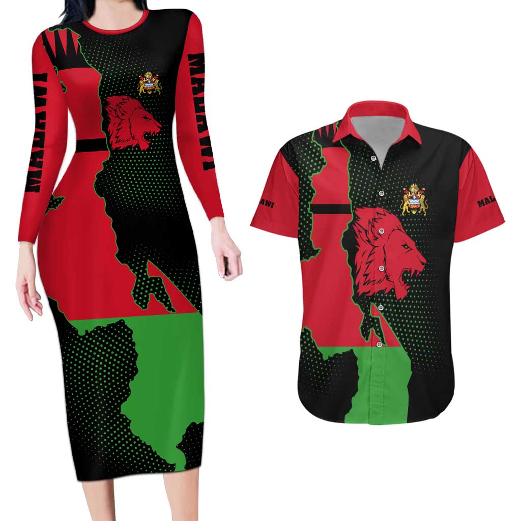 Malawi Map Shaped Lion Couples Matching Long Sleeve Bodycon Dress and Hawaiian Shirt Unique Country and Wildlife Fusion Design
