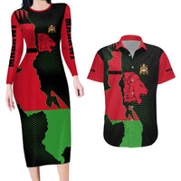 Malawi Map Shaped Lion Couples Matching Long Sleeve Bodycon Dress and Hawaiian Shirt Unique Country and Wildlife Fusion Design