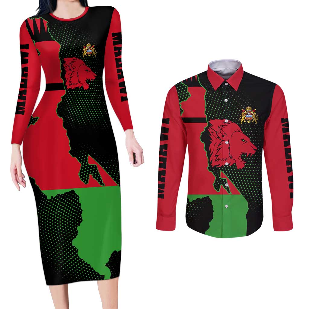 Malawi Map Shaped Lion Couples Matching Long Sleeve Bodycon Dress and Long Sleeve Button Shirt Unique Country and Wildlife Fusion Design