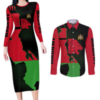 Malawi Map Shaped Lion Couples Matching Long Sleeve Bodycon Dress and Long Sleeve Button Shirt Unique Country and Wildlife Fusion Design