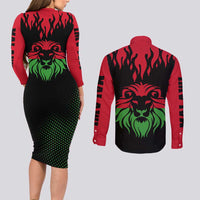 Malawi Map Shaped Lion Couples Matching Long Sleeve Bodycon Dress and Long Sleeve Button Shirt Unique Country and Wildlife Fusion Design