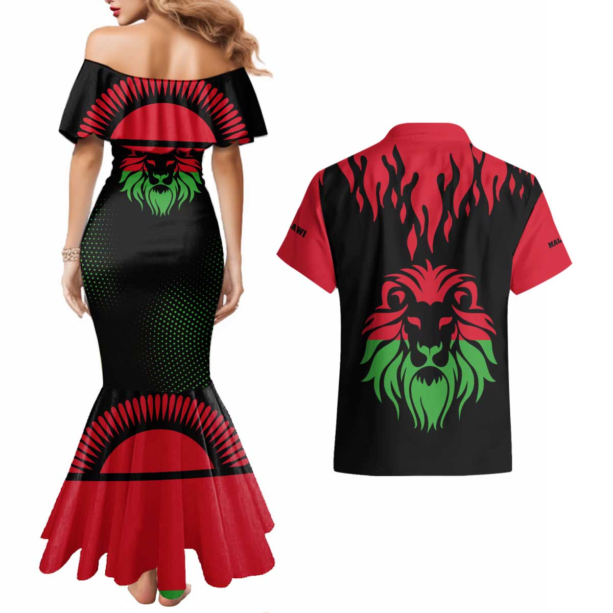 Malawi Map Shaped Lion Couples Matching Mermaid Dress and Hawaiian Shirt Unique Country and Wildlife Fusion Design