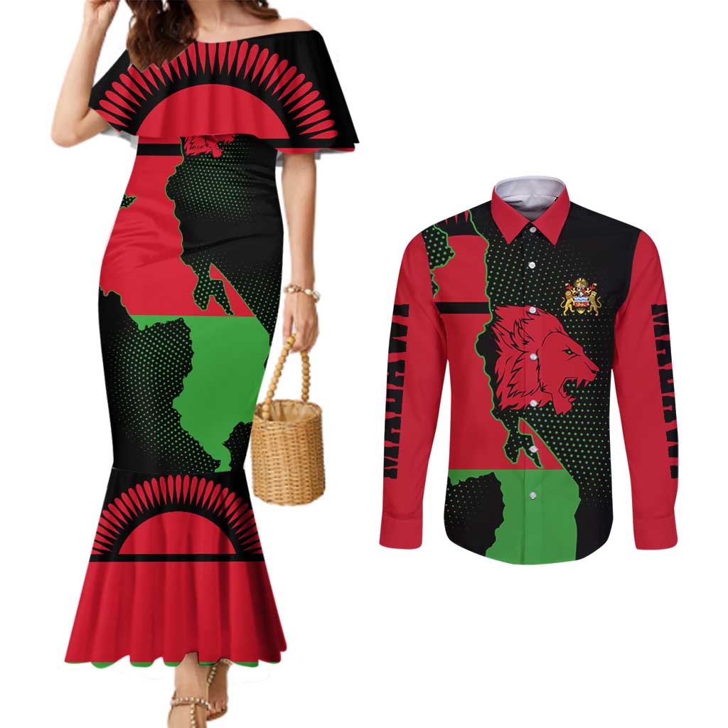 Malawi Map Shaped Lion Couples Matching Mermaid Dress and Long Sleeve Button Shirt Unique Country and Wildlife Fusion Design