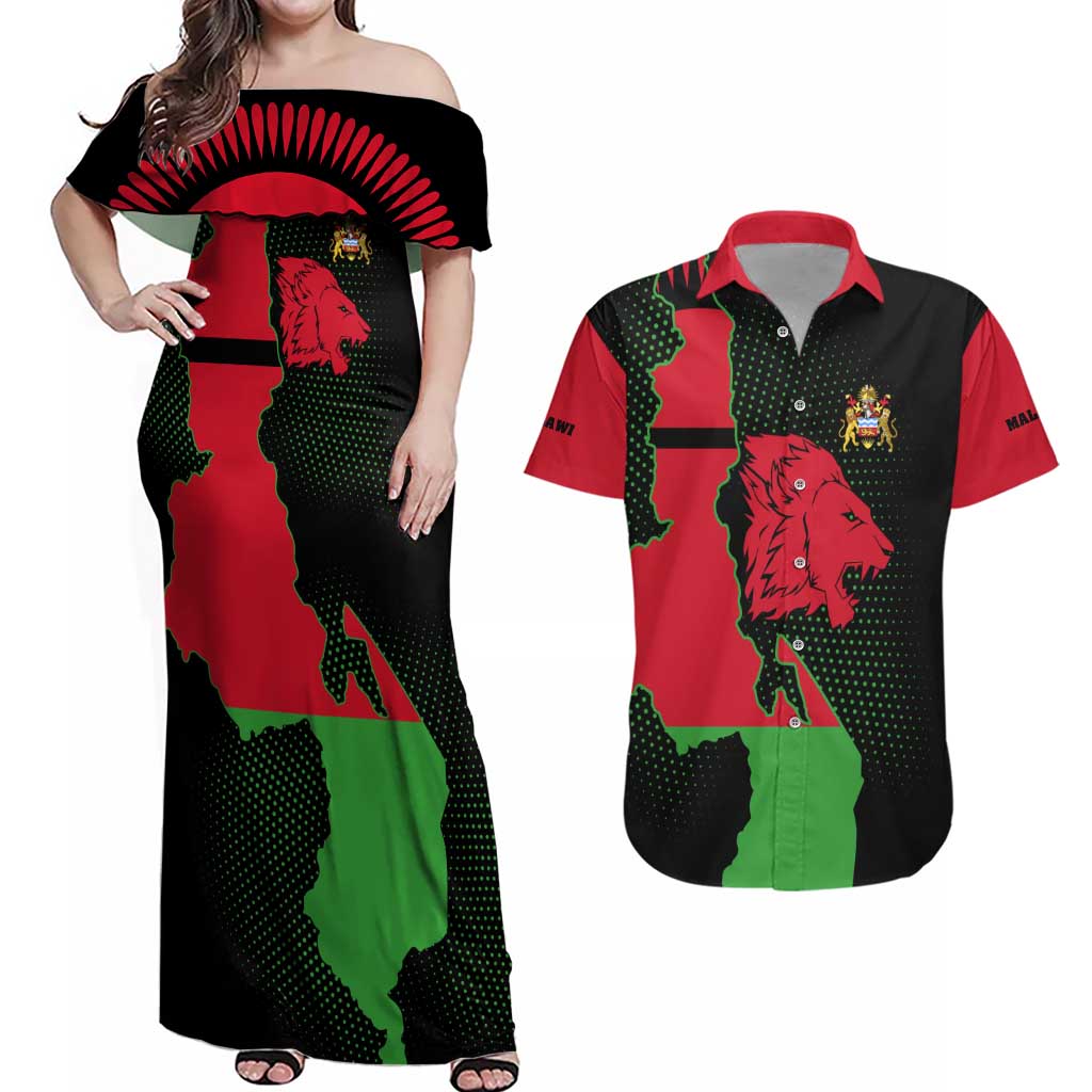 Malawi Map Shaped Lion Couples Matching Off Shoulder Maxi Dress and Hawaiian Shirt Unique Country and Wildlife Fusion Design