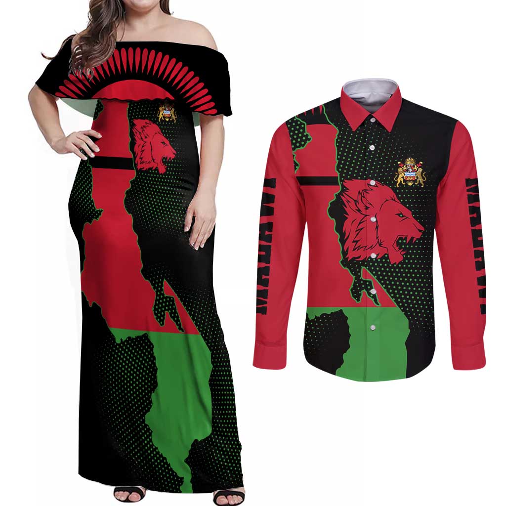 Malawi Map Shaped Lion Couples Matching Off Shoulder Maxi Dress and Long Sleeve Button Shirt Unique Country and Wildlife Fusion Design