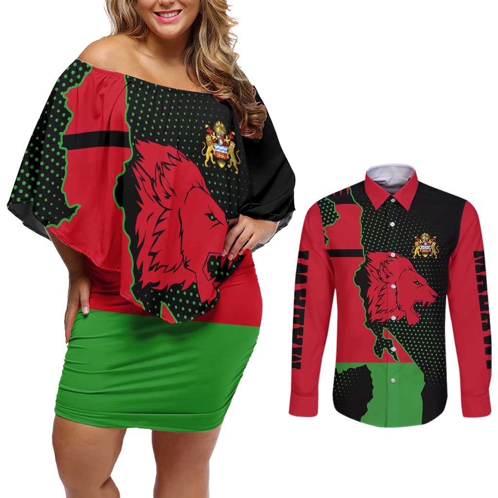 Malawi Map Shaped Lion Couples Matching Off Shoulder Short Dress and Long Sleeve Button Shirt Unique Country and Wildlife Fusion Design
