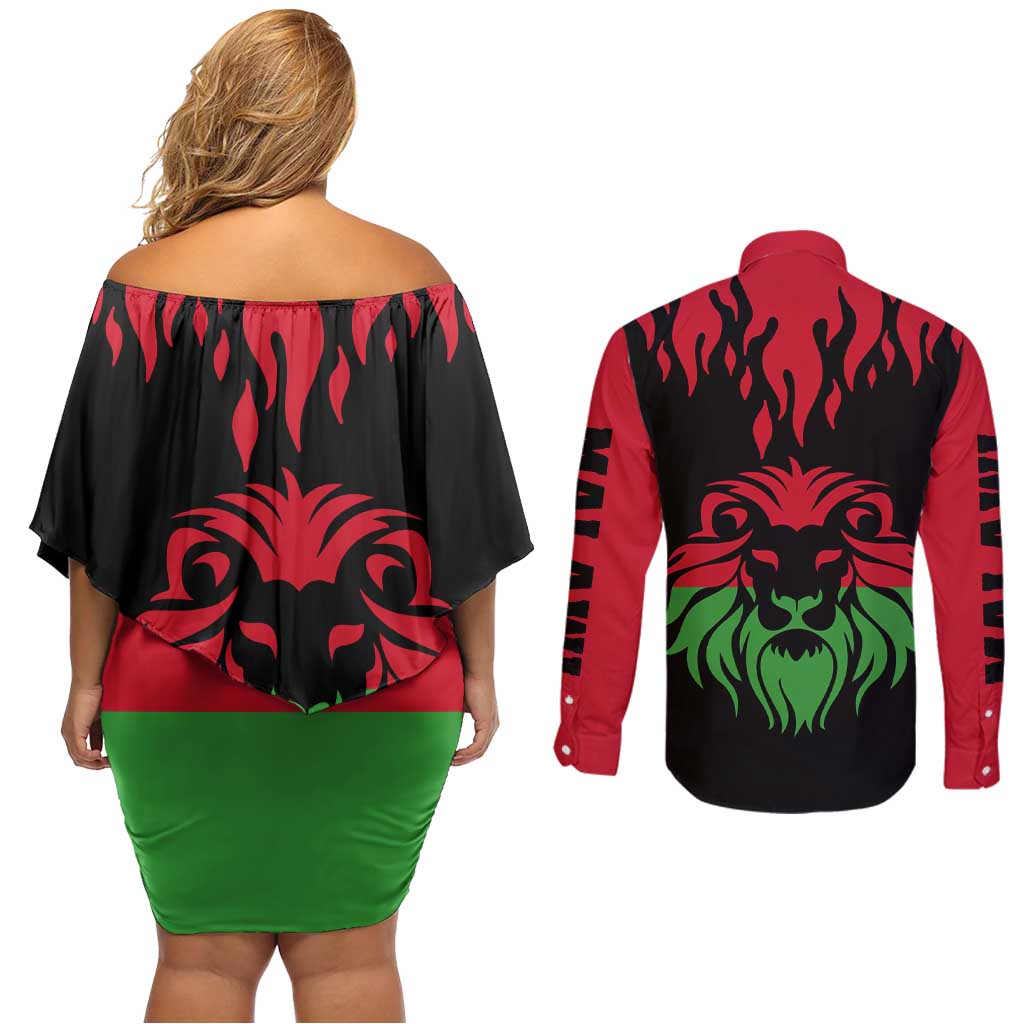 Malawi Map Shaped Lion Couples Matching Off Shoulder Short Dress and Long Sleeve Button Shirt Unique Country and Wildlife Fusion Design