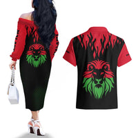 Malawi Map Shaped Lion Couples Matching Off The Shoulder Long Sleeve Dress and Hawaiian Shirt Unique Country and Wildlife Fusion Design