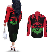 Malawi Map Shaped Lion Couples Matching Off The Shoulder Long Sleeve Dress and Long Sleeve Button Shirt Unique Country and Wildlife Fusion Design
