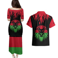 Malawi Map Shaped Lion Couples Matching Puletasi and Hawaiian Shirt Unique Country and Wildlife Fusion Design