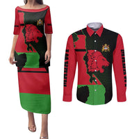 Malawi Map Shaped Lion Couples Matching Puletasi and Long Sleeve Button Shirt Unique Country and Wildlife Fusion Design