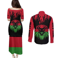 Malawi Map Shaped Lion Couples Matching Puletasi and Long Sleeve Button Shirt Unique Country and Wildlife Fusion Design