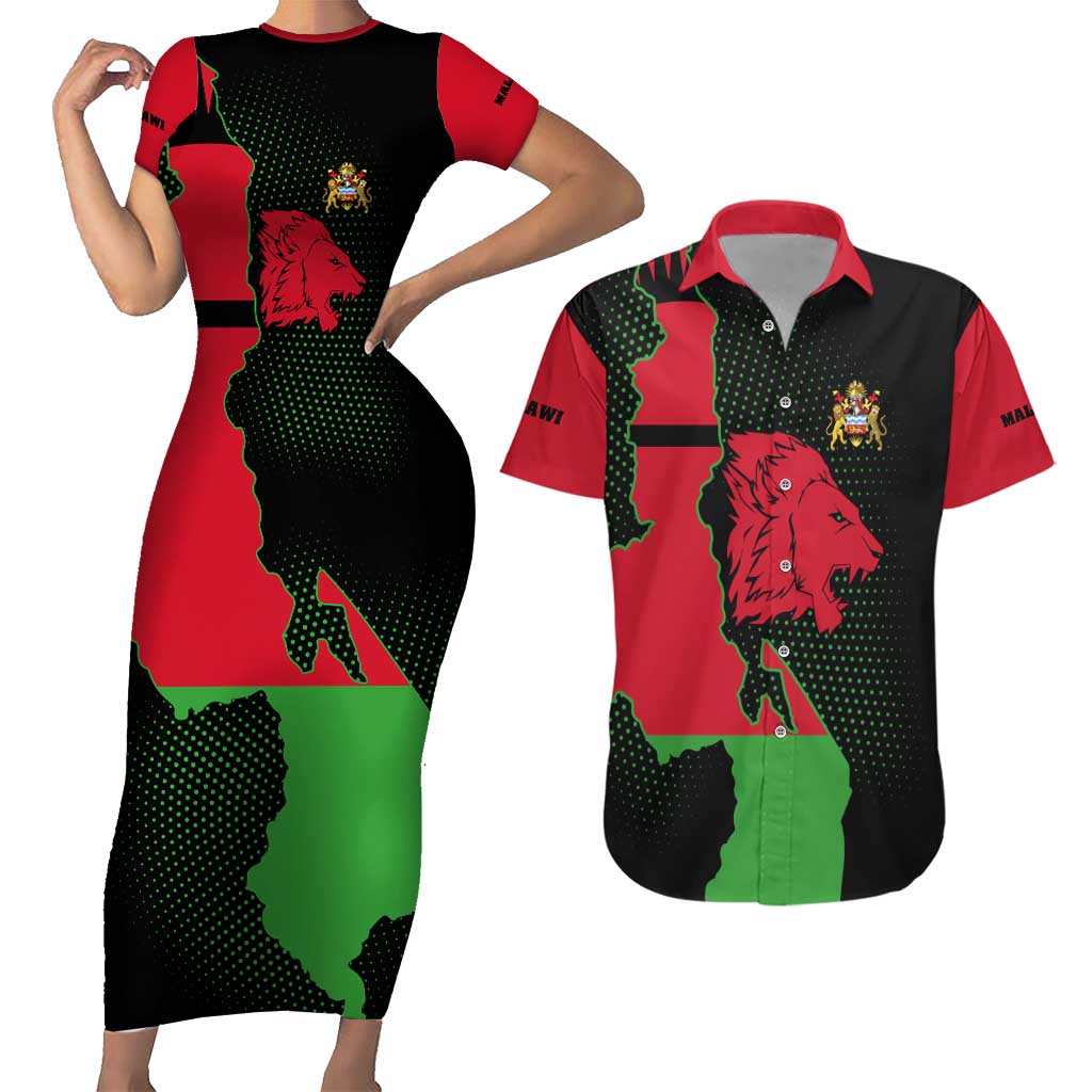 Malawi Map Shaped Lion Couples Matching Short Sleeve Bodycon Dress and Hawaiian Shirt Unique Country and Wildlife Fusion Design