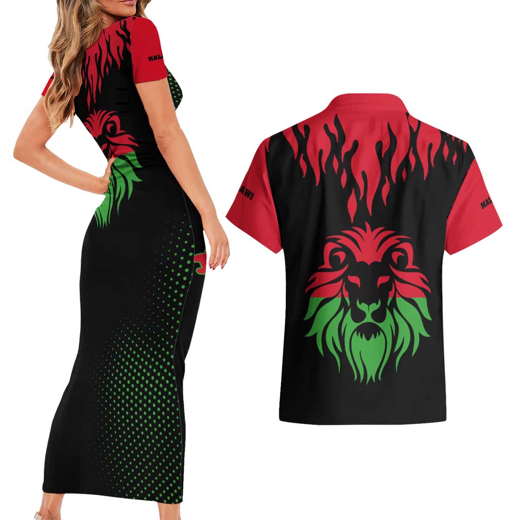 Malawi Map Shaped Lion Couples Matching Short Sleeve Bodycon Dress and Hawaiian Shirt Unique Country and Wildlife Fusion Design