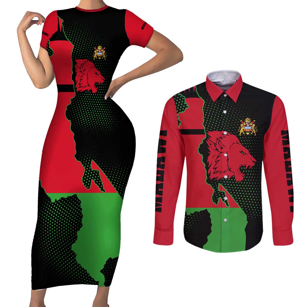 Malawi Map Shaped Lion Couples Matching Short Sleeve Bodycon Dress and Long Sleeve Button Shirt Unique Country and Wildlife Fusion Design