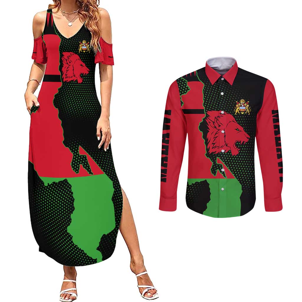 Malawi Map Shaped Lion Couples Matching Summer Maxi Dress and Long Sleeve Button Shirt Unique Country and Wildlife Fusion Design