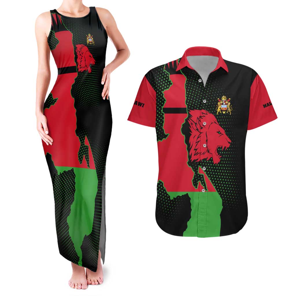 Malawi Map Shaped Lion Couples Matching Tank Maxi Dress and Hawaiian Shirt Unique Country and Wildlife Fusion Design