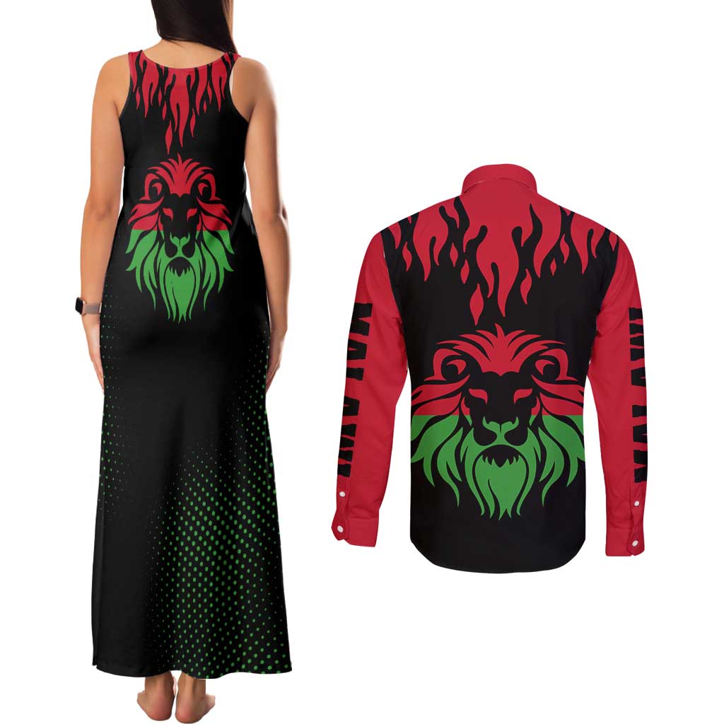 Malawi Map Shaped Lion Couples Matching Tank Maxi Dress and Long Sleeve Button Shirt Unique Country and Wildlife Fusion Design
